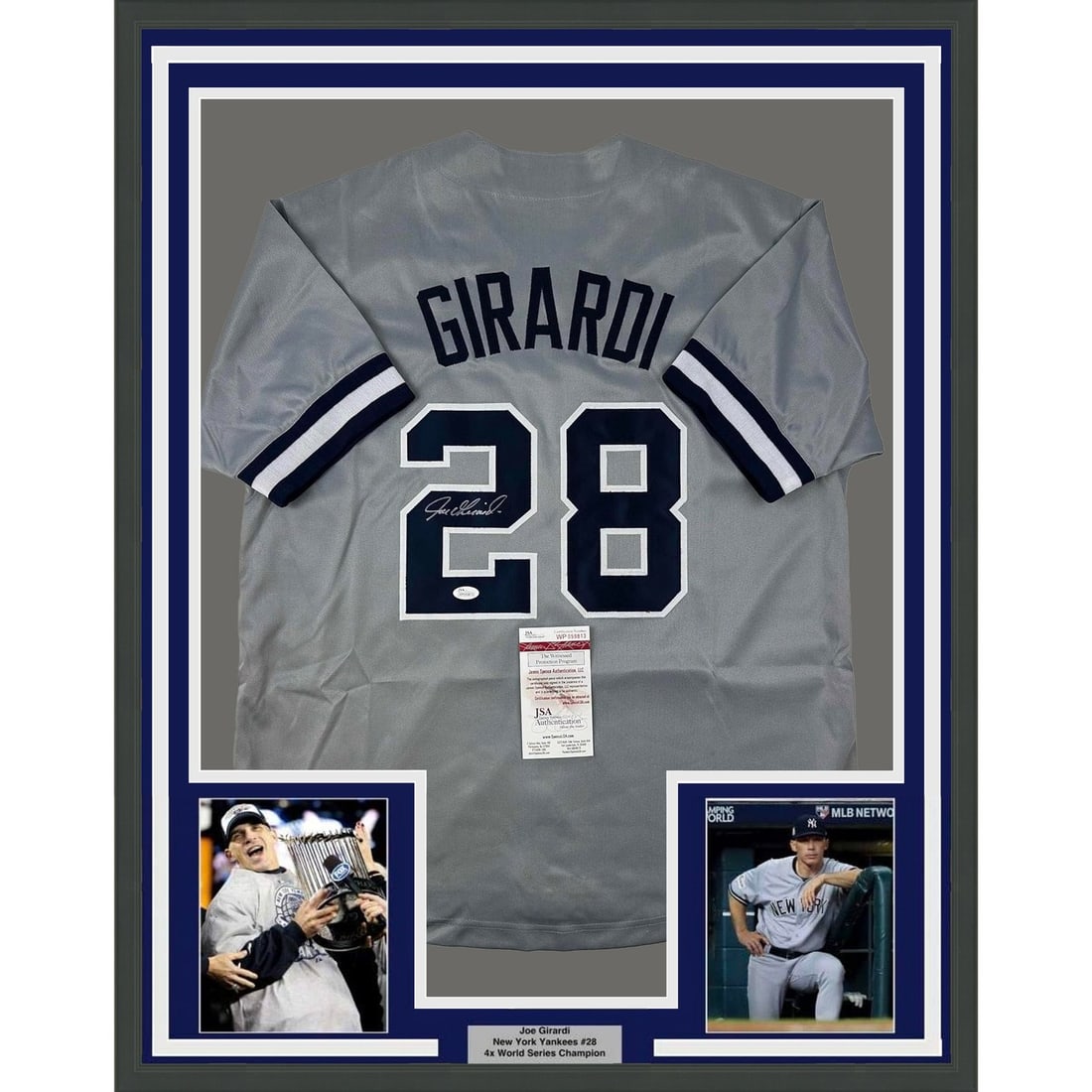 Joe Girardi Signed Framed New York Yankees Grey Jersey JSA: Joe Girardi Signed Framed New York Yankees Grey Jersey JSA Professionally framed and matted original signed Joe Girardi New York grey jersey. This pre-owned display includes two 5x7 photos and comes w