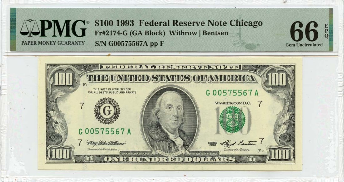 PMG MS66 1993 $100 Chicago Federal Reserve Uncirculated Note: PMG MS66 1993 $100 Chicago Federal Reserve Uncirculated Note This 1993 $100 Federal Reserve Note from Chicago, FR#2174-G, is certified by PMG with a GEM 66 EPQ grade. The note is uncirculated and orig