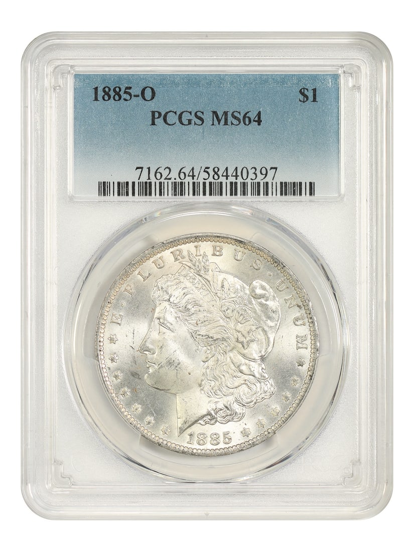 PCGS MS64 1885 O Mint Morgan Silver Dollar $1: PCGS MS64 1885 O Mint Morgan Silver Dollar $1 1885-O Morgan Dollar certified by PCGS in MS64 grade. This uncirculated New Orleans issue is a popular O-Mint Morgan Dollar with a mintage of 9,185,000 pi