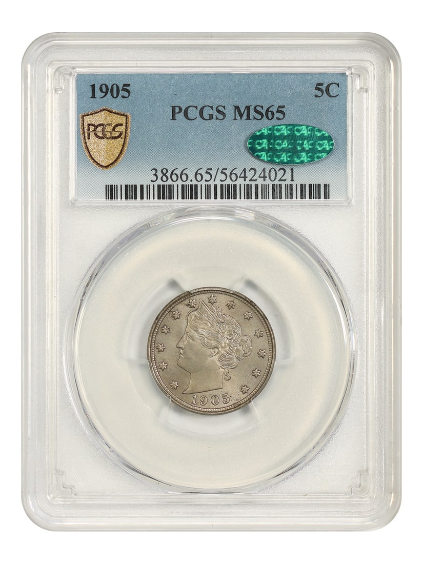 Liberty Nickel 1905 5C PCGS CAC MS65: Liberty Nickel 1905 5C PCGS CAC MS65 1905 Liberty Nickel certified by PCGS and graded MS65, with CAC approval. This pre-owned coin is an uncirculated example from the Philadelphia Mint. Specifications
