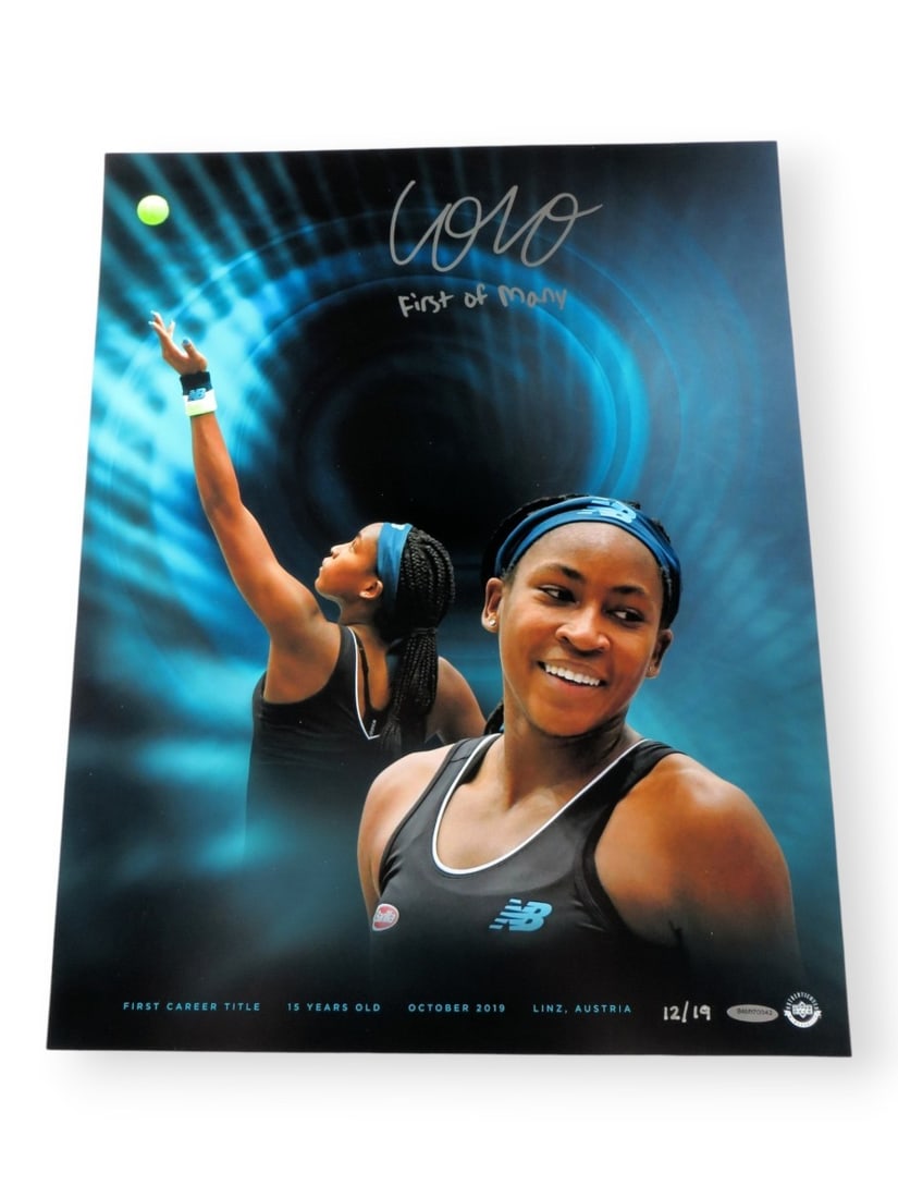 Coco Gauff autographed 16X20 tennis photo Upper Deck authenticated: Coco Gauff autographed 16X20 tennis photo Upper Deck authenticated Original 16x20 photo signed by Coco Gauff and inscribed "First of Many" and "12/19." This pre-owned piece is authenticated by Upper D