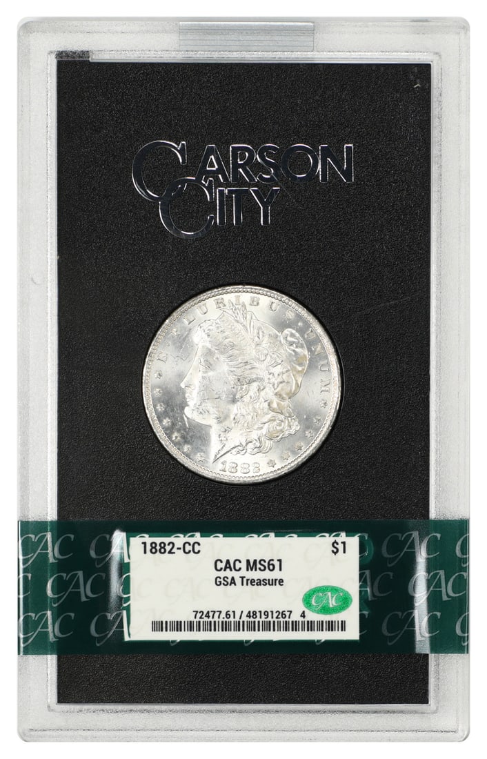 1882 Carson City Morgan Dollar CACG MS61 with GSA Box and COA: 1882 Carson City Morgan Dollar CACG MS61 with GSA Box and COA 1882 Carson City Morgan Dollar in a GSA holder with box and COA. This uncirculated example is certified by CACG and represents a popular C