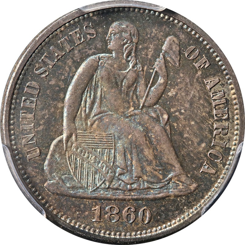 PCGS PR65 1860 Seated Liberty Silver Dime Proof: PCGS PR65 1860 Seated Liberty Silver Dime Proof Original 1860 Seated Liberty Dime proof with strong eye appeal, nice luster, and a strong strike. The coin shows great color, attractive surfaces, and p