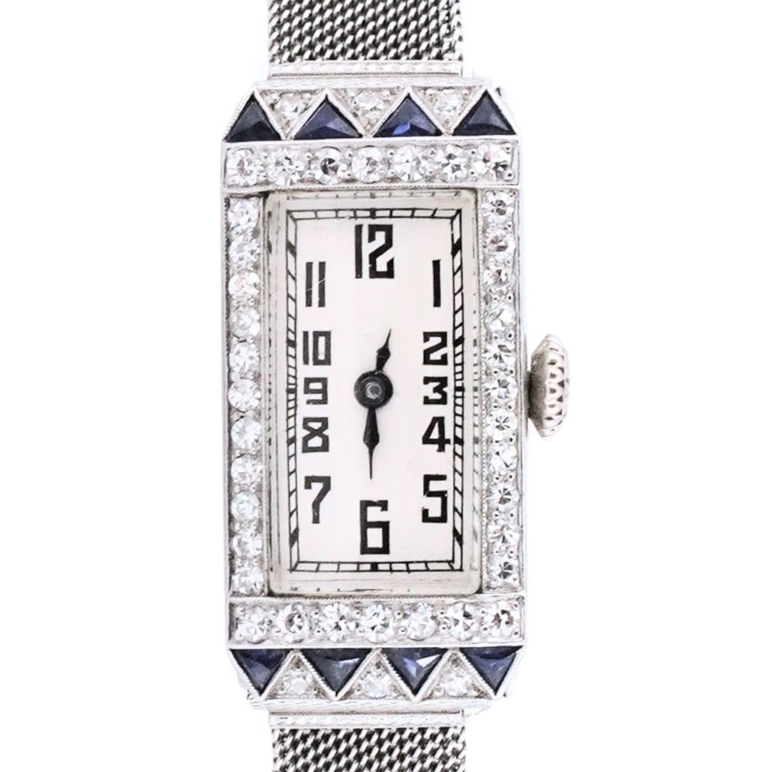 Art Deco ladies platinum wristwatch with diamonds sapphires Arthur Lehman (1 of 8)
