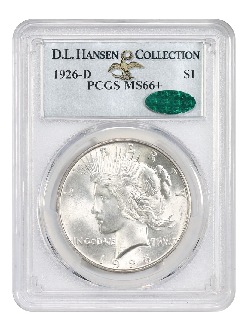 PCGS MS66+ 1926-D Peace Dollar $1 ex D.L. Hansen: PCGS MS66+ 1926-D Peace Dollar $1 ex D.L. Hansen 1926-D Peace Dollar certified by PCGS and approved by CAC in MS66+ grade. This uncirculated example is ex: D.L. Hansen and features satiny, distraction