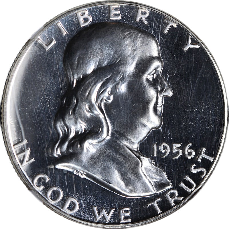 NGC PF69 1956 Type 2 Franklin Half Dollar Proof Silver: NGC PF69 1956 Type 2 Franklin Half Dollar Proof Silver Original 1956 Type 2 Franklin Half Dollar proof coin with blazing white surfaces, fantastic luster, and a strong strike. This pre-owned coin is c