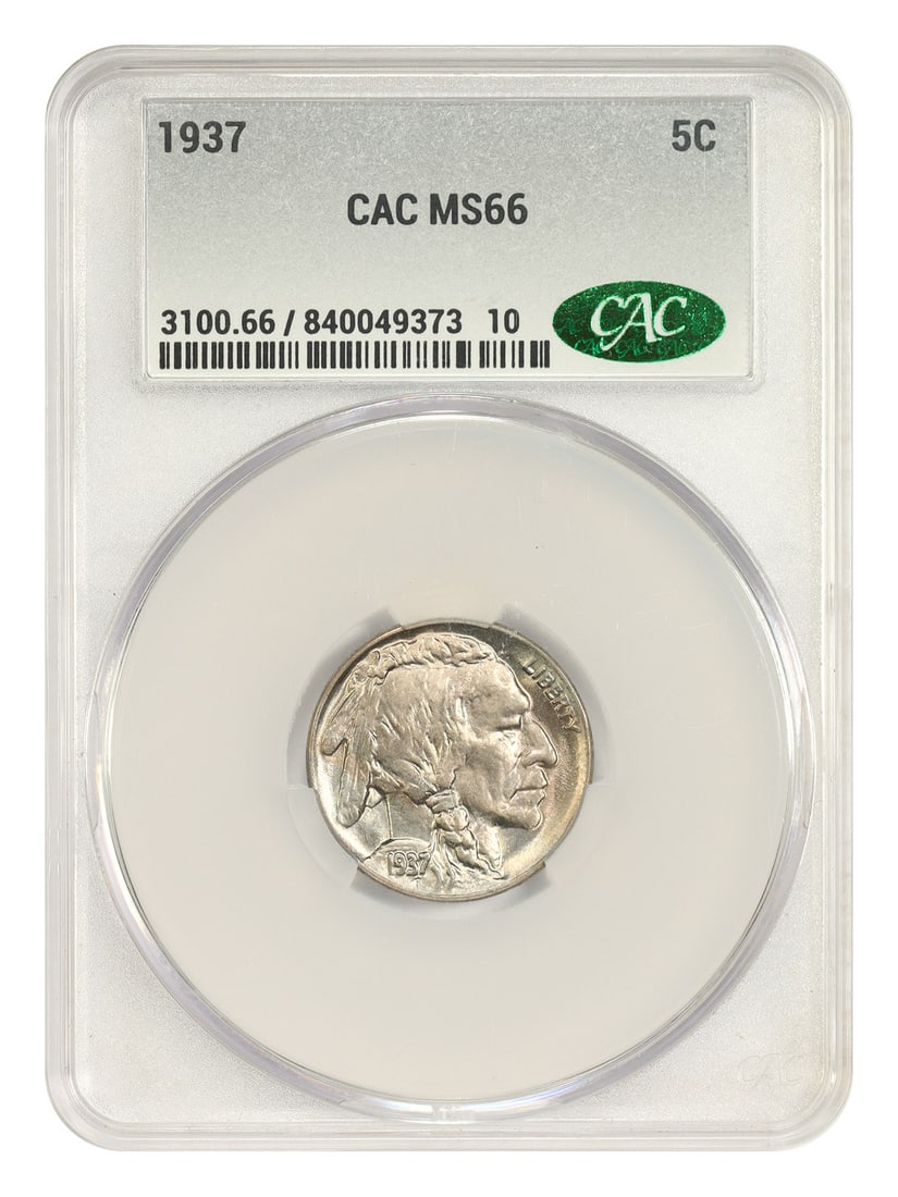 Buffalo Nickel 1937 5C CACG MS66 Philadelphia: Buffalo Nickel 1937 5C CACG MS66 Philadelphia 1937 Buffalo Nickel certified by CACG in MS66 grade. This pre-owned coin is an uncirculated 5C issue from Philadelphia. Specifications Denomination: 5C Ye