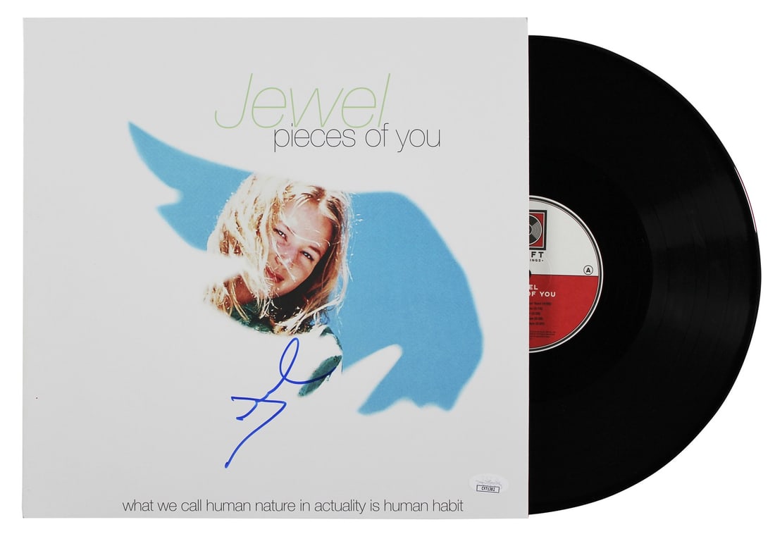 Jewel Signed Pieces of You Album Cover With Vinyl JSA Certified: Jewel Signed Pieces of You Album Cover With Vinyl JSA Certified This is an original "Pieces of You" album cover with vinyl, personally signed by Jewel. The autograph is authenticated by JSA and comes 