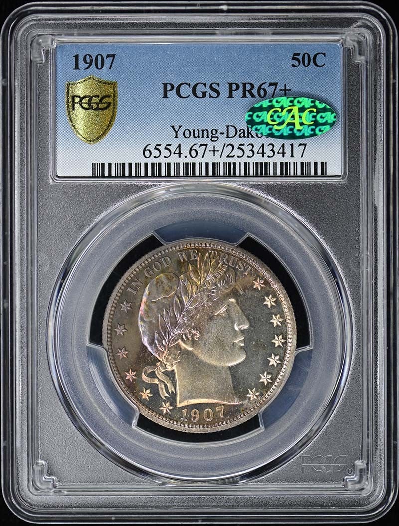 PCGS PR67+ CAC 1907 Barber Half Dollar Proof 50C: PCGS PR67+ CAC 1907 Barber Half Dollar Proof 50C 1907 Barber Half Dollar certified by PCGS as PR67+ with CAC approval. This proof-strike United States coin is an uncirculated, pre-owned example. Speci