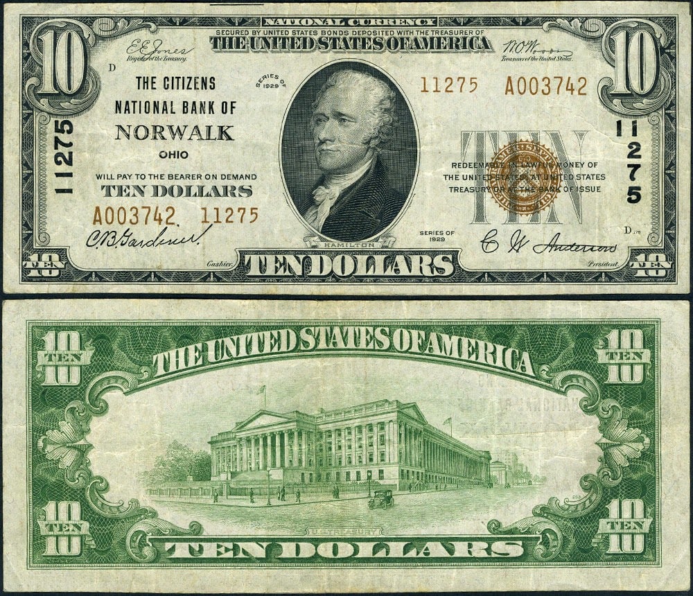 1929 T-2 $10 National Bank Note Norwalk OH CH 11275 Citizens NB: 1929 T-2 $10 National Bank Note Norwalk OH CH 11275 Citizens NB 1929 Type 2 $10 National Bank Note from Citizen's National Bank of Norwalk, Ohio. This circulated, uncertified example is graded VF+ and