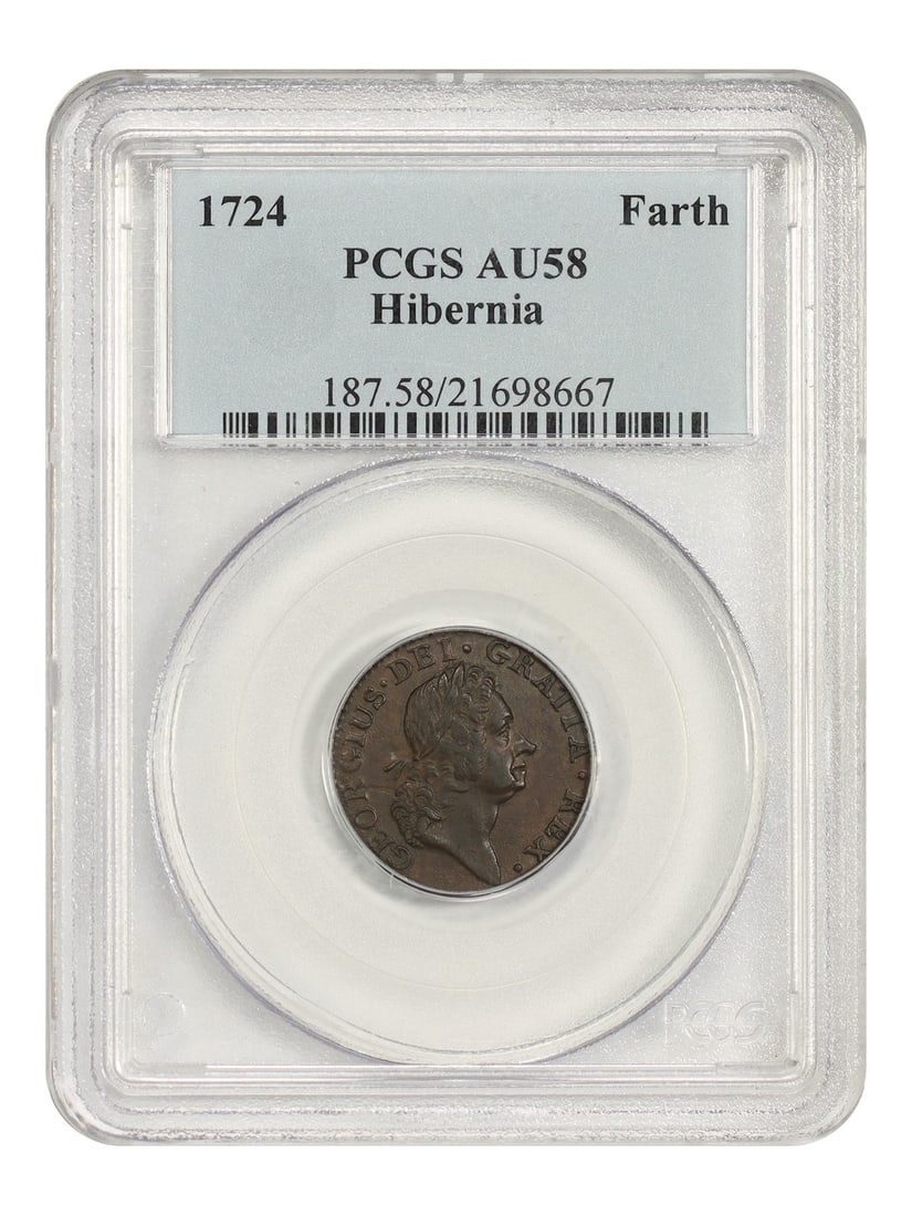 1724 Hibernia Farthing PCGS AU58 Colonial Coin (1 of 4)