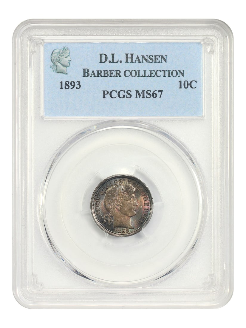 1893 Barber Dime 10C PCGS MS67 Uncirculated ex D.L. Hansen: 1893 Barber Dime 10C PCGS MS67 Uncirculated ex D.L. Hansen 1893 Barber Dime certified by PCGS as MS67, offered ex: D.L. Hansen. This uncirculated example shows flashy cartwheel luster beneath deep ori