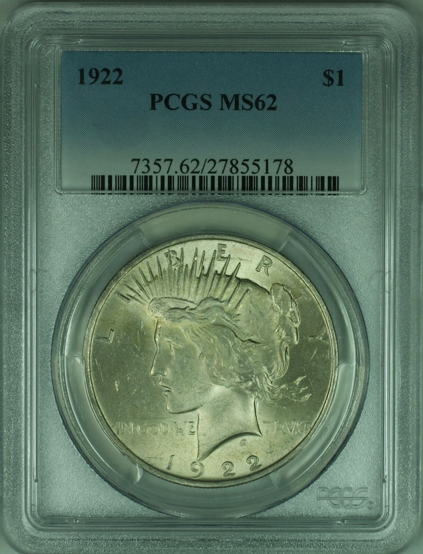 PCGS MS-62 1922 Peace Dollar Silver $1 Philadelphia: PCGS MS-62 1922 Peace Dollar Silver $1 Philadelphia This is a 1922 Peace Silver Dollar $1 coin, certified by PCGS with a grade of MS-62. The coin was minted in Philadelphia and is composed of silver. 
