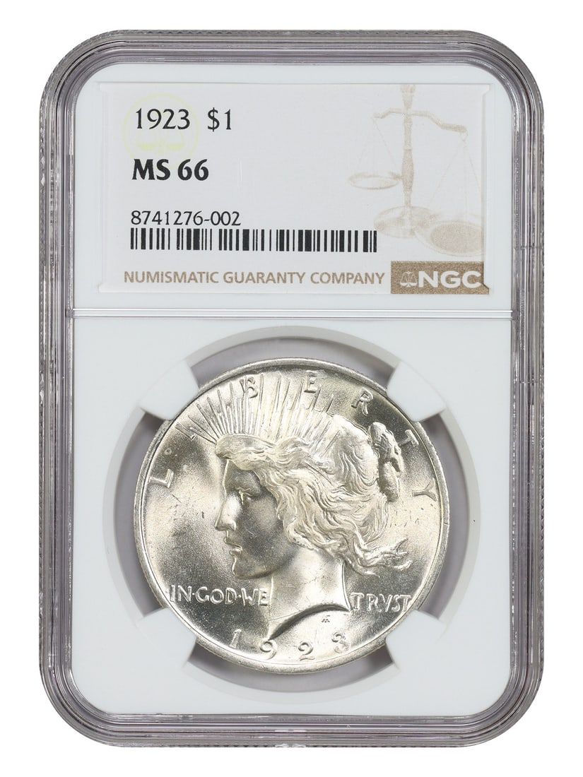 NGC MS66 1923 Peace Dollar $1 Philadelphia: NGC MS66 1923 Peace Dollar $1 Philadelphia Certified 1923 Peace Dollar graded NGC MS66. This uncirculated $1 coin was minted in Philadelphia and is offered in pre-owned condition. Specifications Denom