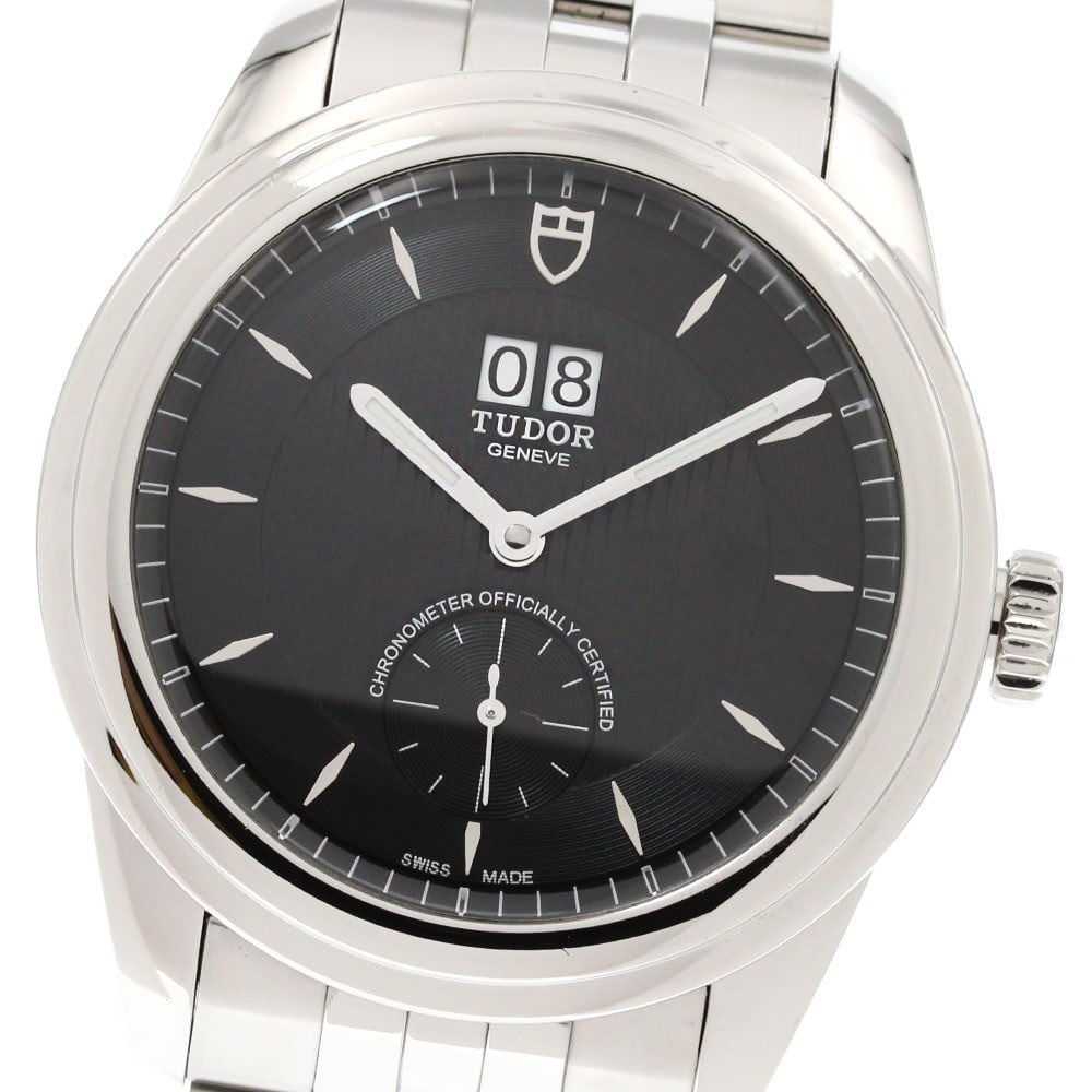 TUDOR Glamour 57100 automatic mens stainless steel wristwatch: TUDOR Glamour 57100 automatic mens stainless steel wristwatch TUDOR Glamour Double Date automatic men's wristwatch with a black dial and stainless steel case and bracelet. This reference 57100 feature
