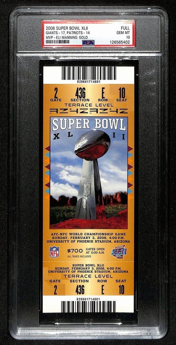 PSA GEM-MT 10 Super Bowl XLII Full Ticket Giants vs Patriots 2008 (1 of 2)