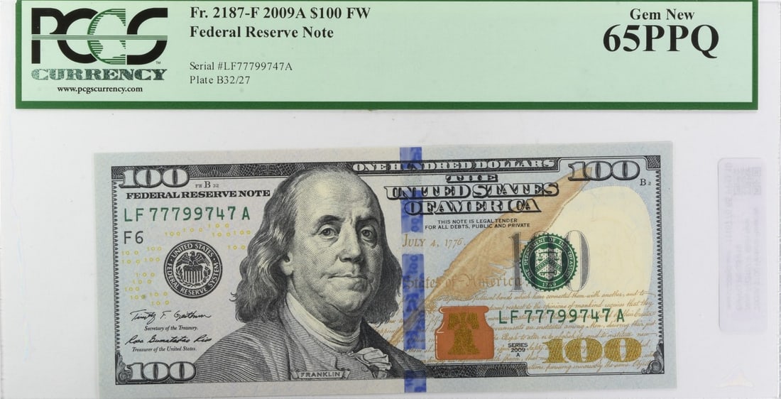 PCGS 65PPQ 2009 $100 Federal Reserve Note Fr 2187-F: PCGS 65PPQ 2009 $100 Federal Reserve Note Fr 2187-F Uncirculated 2009A $100 Federal Reserve Note certified by PCGS with a Gem New 65PPQ grade. This pre-owned United States banknote is identified as Fr