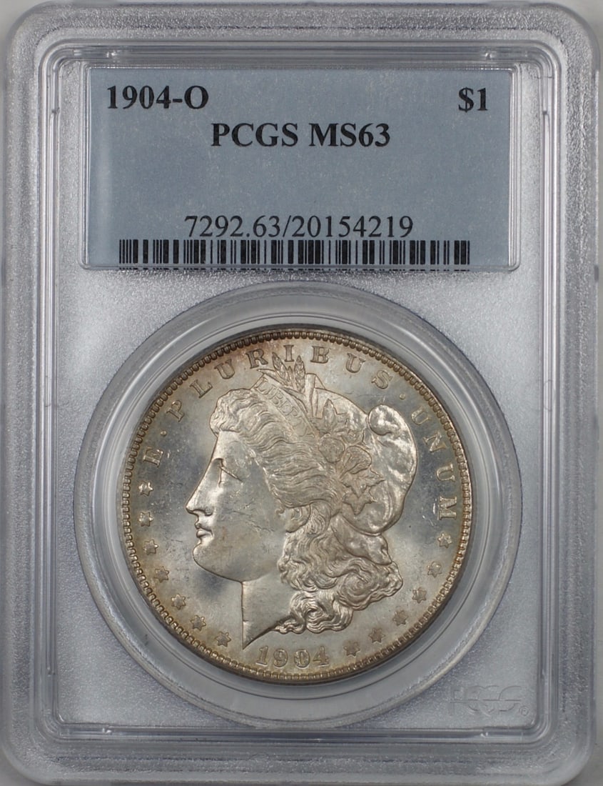PCGS MS-63 1904-O Morgan Silver Dollar Lightly Toned: PCGS MS-63 1904-O Morgan Silver Dollar Lightly Toned 1904-O Morgan Silver Dollar $1 coin certified by PCGS and graded MS-63. This uncirculated silver coin is lightly toned and listed in pre-owned cond