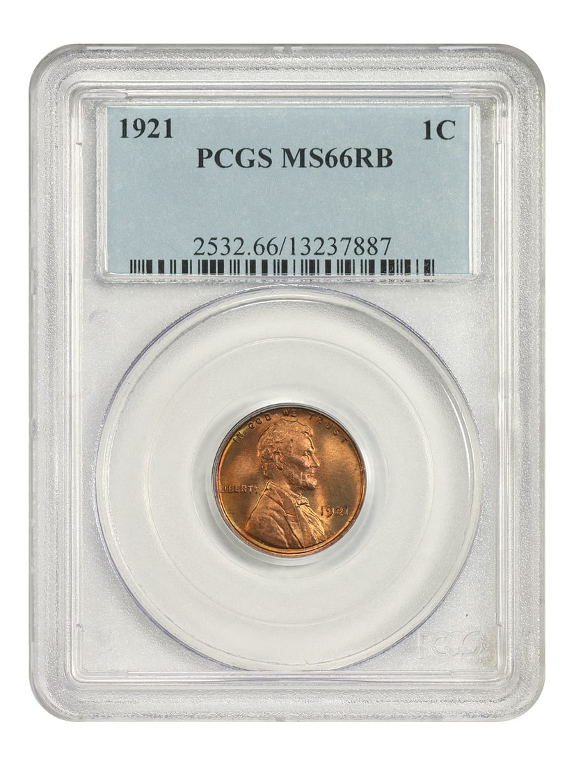 PCGS MS66RB 1921 Lincoln Wheat Cent 1C Philadelphia: PCGS MS66RB 1921 Lincoln Wheat Cent 1C Philadelphia 1921 Lincoln Cent with Wheat Reverse, graded PCGS MS66RB. This uncirculated coin is described as deep scarlet and crimson with flashes of