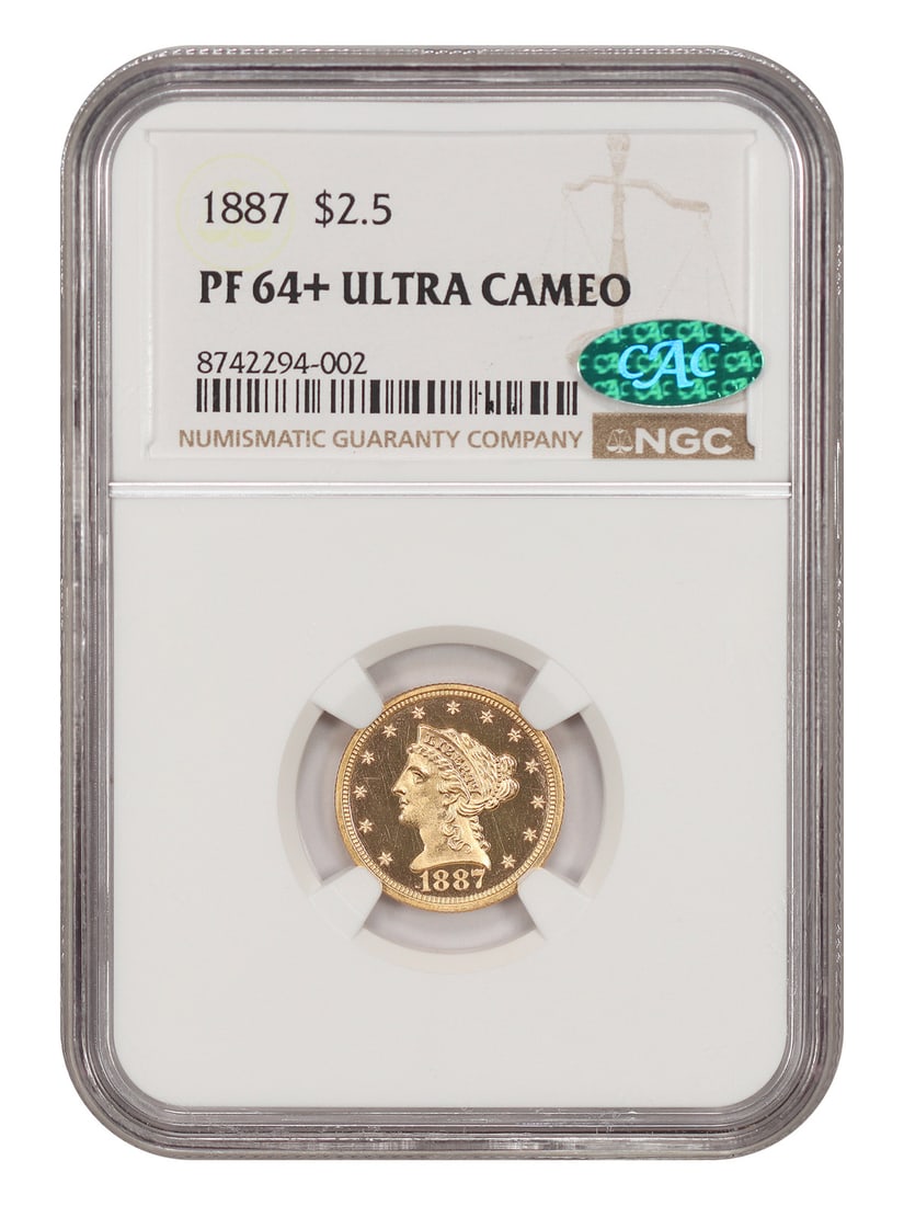 1887 Liberty Head Quarter Eagle $2.50 NGC PR64+ DCAM CAC: 1887 Liberty Head Quarter Eagle $2.50 NGC PR64+ DCAM CAC 1887 Liberty Head $2.50 proof coin certified by NGC and CAC in PR64+ DCAM. This select specimen exhibits sharply detailed, heavily frosted desi