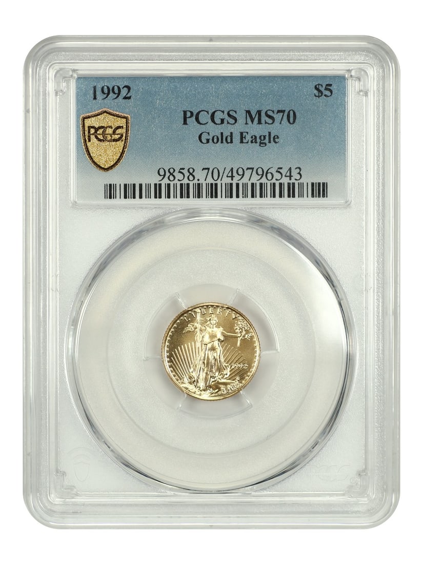 PCGS MS70 1992 $5 Gold Eagle Uncirculated Coin: PCGS MS70 1992 $5 Gold Eagle Uncirculated Coin 1992 $5 Gold Eagle certified by PCGS in MS70 grade. This pre-owned coin is an uncirculated example of the $5 Gold Eagle series. Specifications Denominati