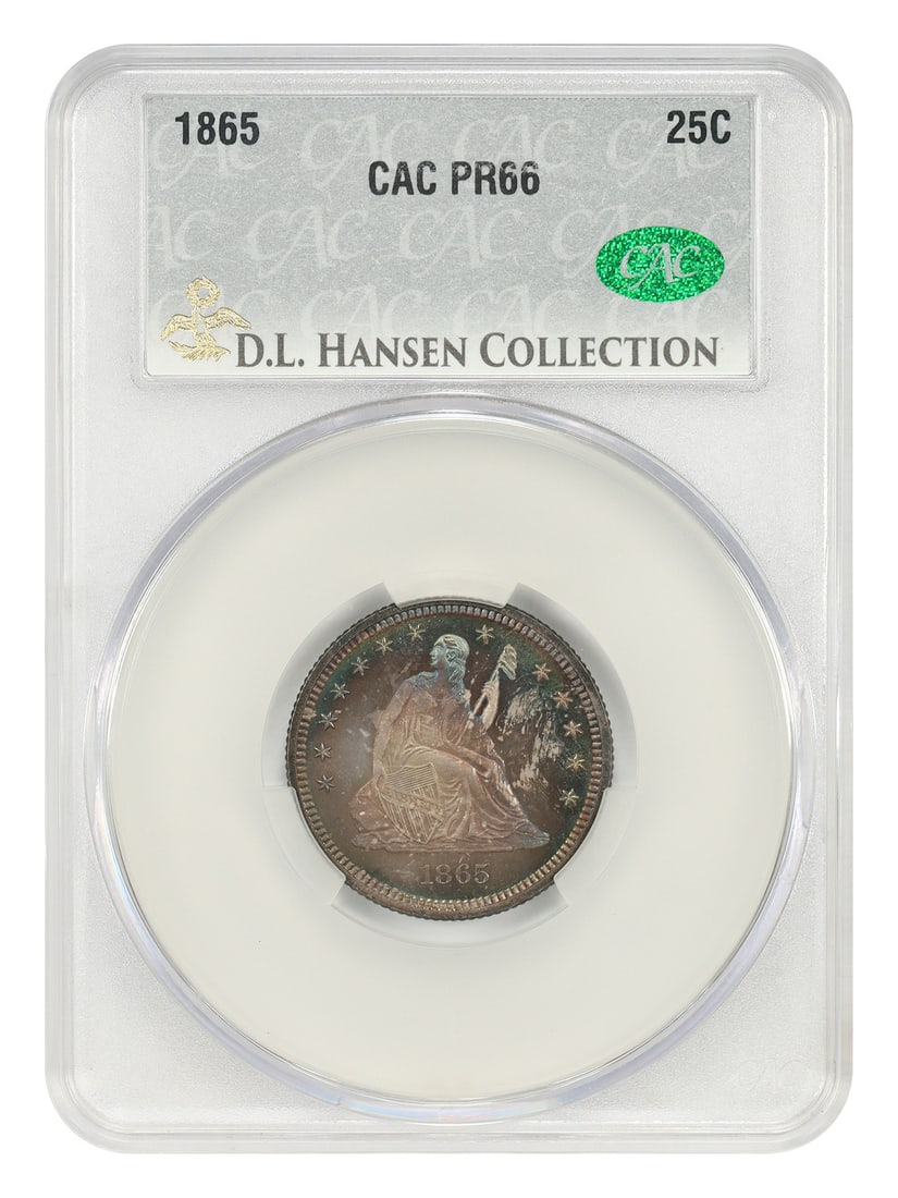 Liberty Seated Quarter 1865 25C PR66 CACG ex D.L. Hansen: Liberty Seated Quarter 1865 25C PR66 CACG ex D.L. Hansen 1865 Liberty Seated Quarter graded PR66 by CACG. This final No Motto issue of the series had just 500 Proof Liberty Seated quarters struck in 1