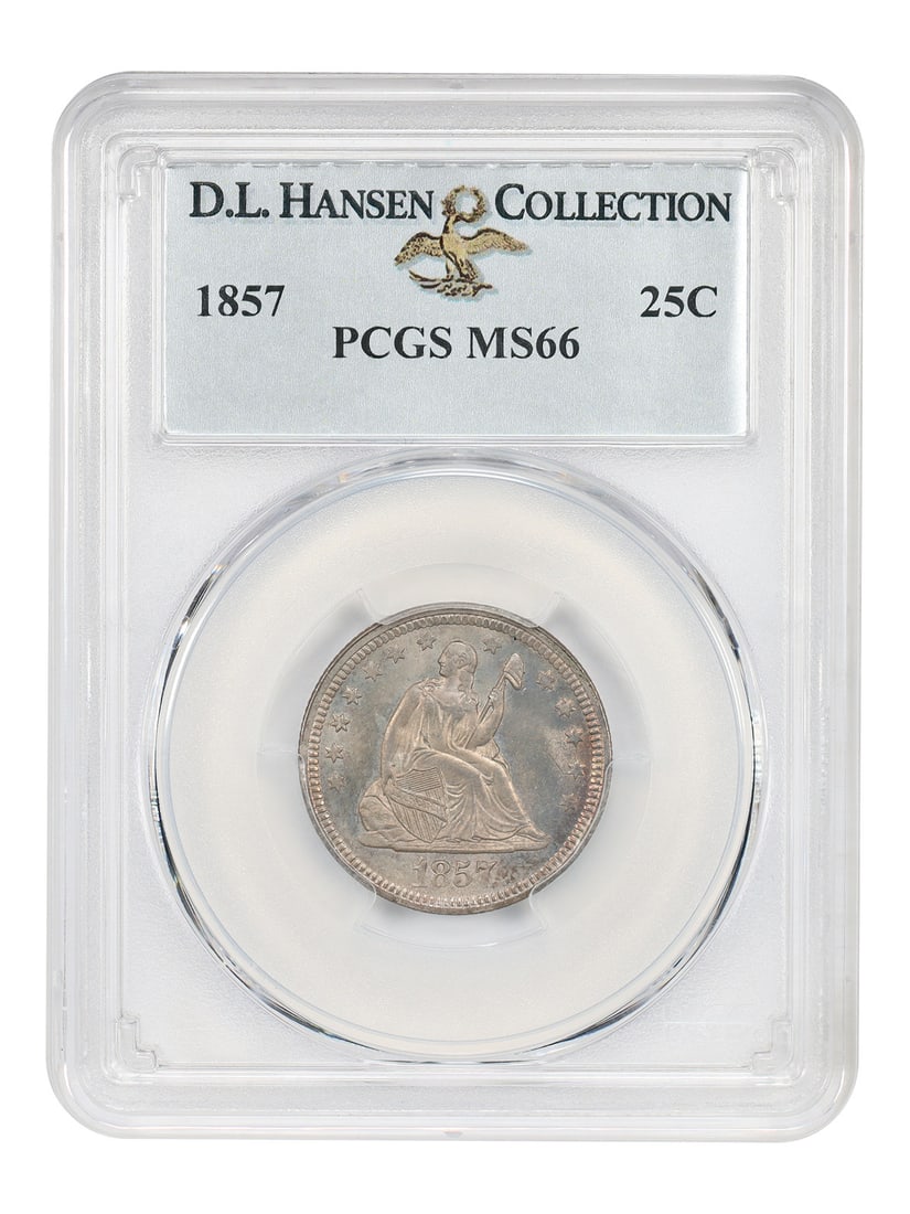 Liberty Seated Quarter 1857 25C PCGS MS66 ex D.L. Hansen: Liberty Seated Quarter 1857 25C PCGS MS66 ex D.L. Hansen 1857 Liberty Seated Quarter certified PCGS MS66. This uncirculated example is described as having satiny to semi-reflective luster, beautiful g