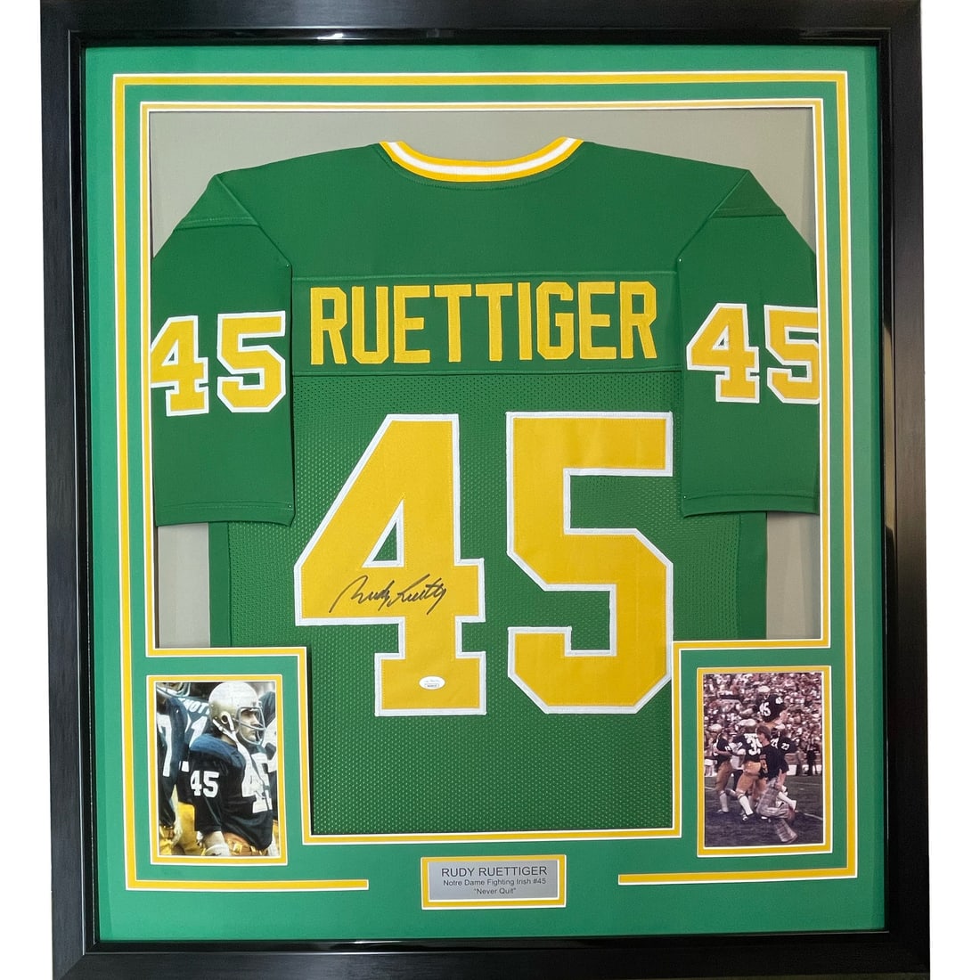 Framed Autographed Rudy Ruettiger Notre Dame Jersey with JSA COA 33x42: Framed Autographed Rudy Ruettiger Notre Dame Jersey with JSA COA 33x42 This professionally framed and matted Notre Dame Fighting Irish jersey features the autograph of Rudy Ruettiger, a celebrated ath