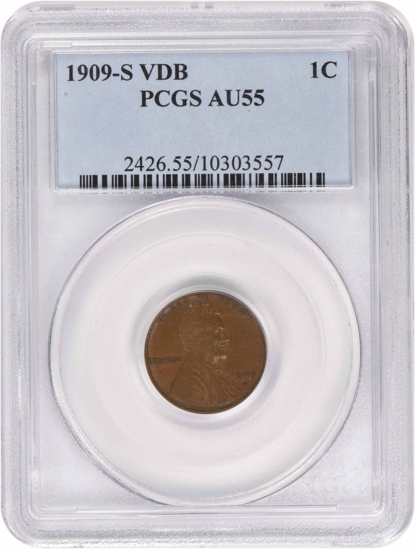 PCGS AU55 1909 S VDB Lincoln Wheat Small Cent: PCGS AU55 1909 S VDB Lincoln Wheat Small Cent 1909-S VDB Lincoln Wheat small cent graded AU55 by PCGS. This circulated, pre-owned United States copper coin is a key-date issue in the Lincoln cent seri