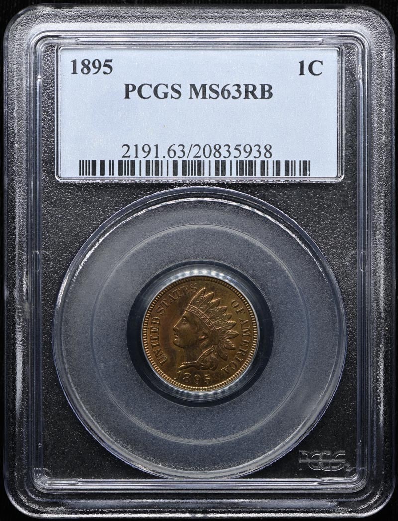PCGS MS63RB 1895 Indian Cent Bronze Type 3 1C: PCGS MS63RB 1895 Indian Cent Bronze Type 3 1C 1895 Indian Cent Type 3 bronze coin graded by PCGS as MS63RB. This pre-owned United States 1 cent coin is uncirculated and features the Red Brown designat
