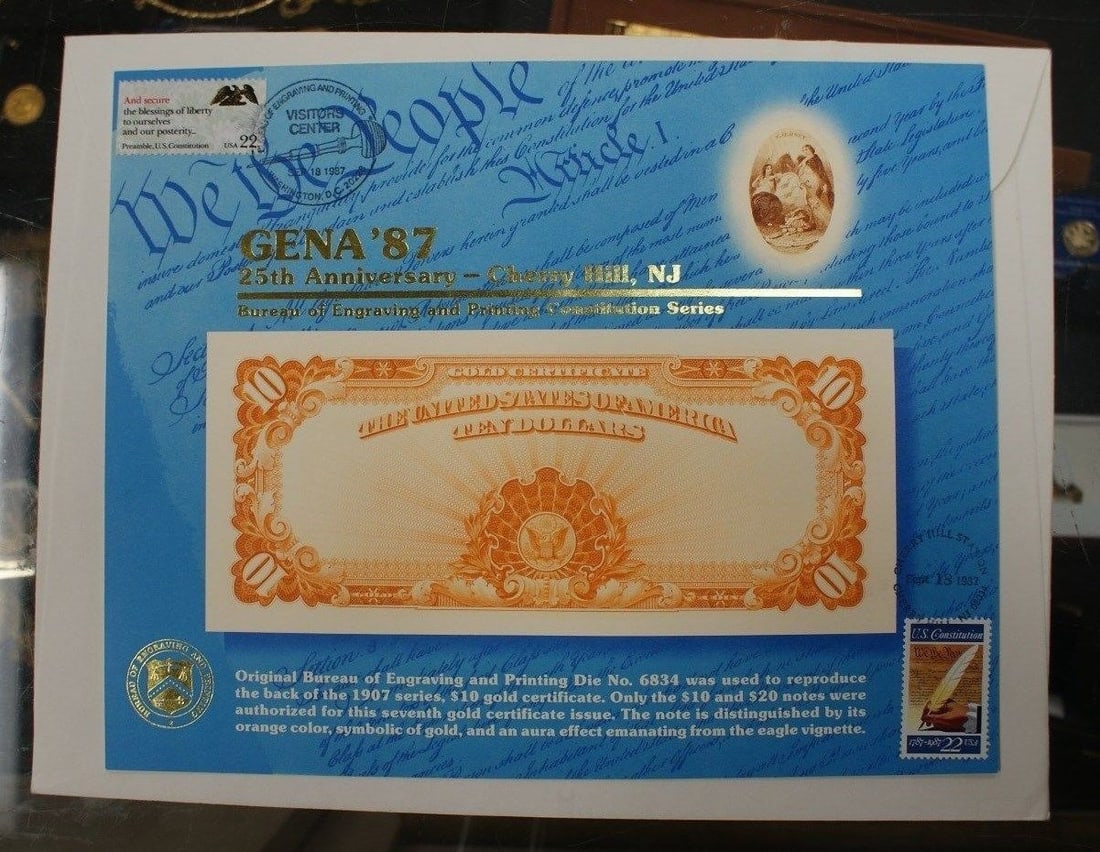 BEP Souvenir Card 108 GENA 1987 1907 $10 Gold Certificate Back Double Cancelled (1 of 3)