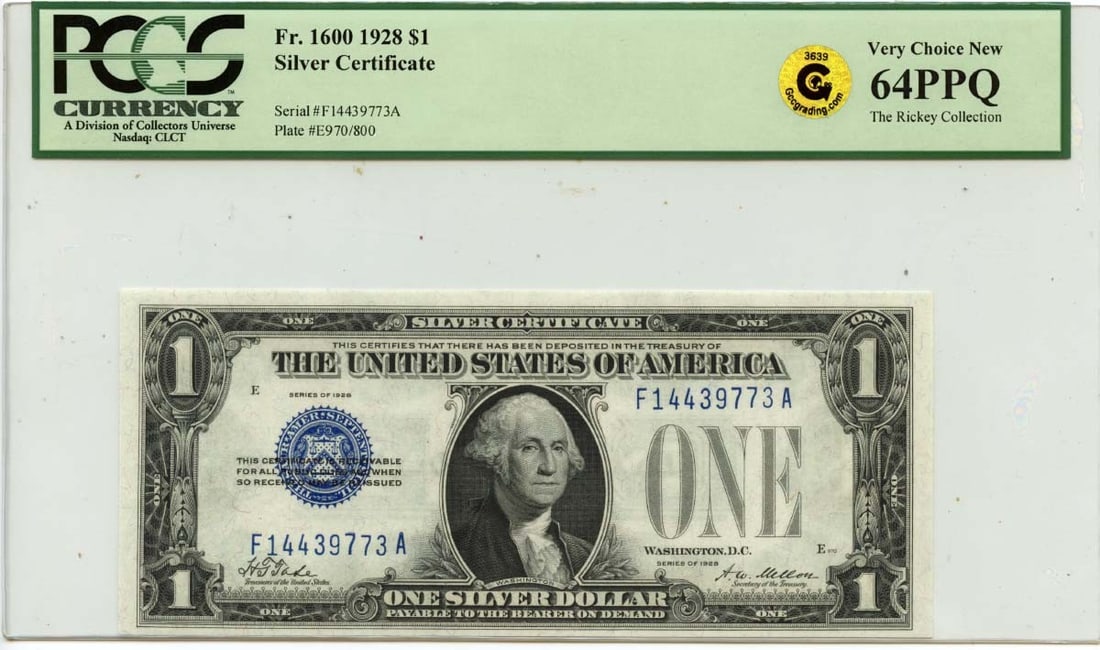 PCGS CU64 PPQ 1928 $1 Silver Certificate Fr 1600 (1 of 2)