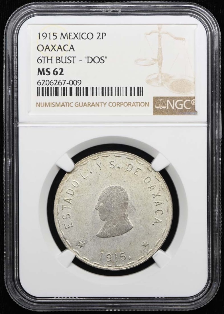 NGC MS62 1915 Mexico Oaxaca 2 Pesos GB-367 6th Bust Coin: NGC MS62 1915 Mexico Oaxaca 2 Pesos GB-367 6th Bust Coin 1915 Mexico Oaxaca 6th Bust "Dos" 2P coin graded NGC MS62. This pre-owned coin is uncirculated and certified by NGC. Specifications Item Type: 