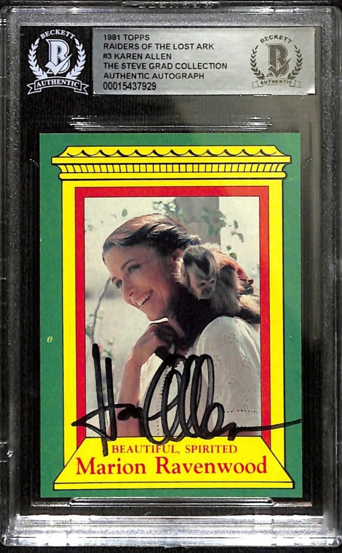 Beckett Certified Karen Allen Autographed 1981 Topps Raiders Card #3: Beckett Certified Karen Allen Autographed 1981 Topps Raiders Card #3 This is an authentic 1981 Topps Raiders of the Lost Ark trading card featuring Marion Ravenwood, signed by Karen Allen. The card is