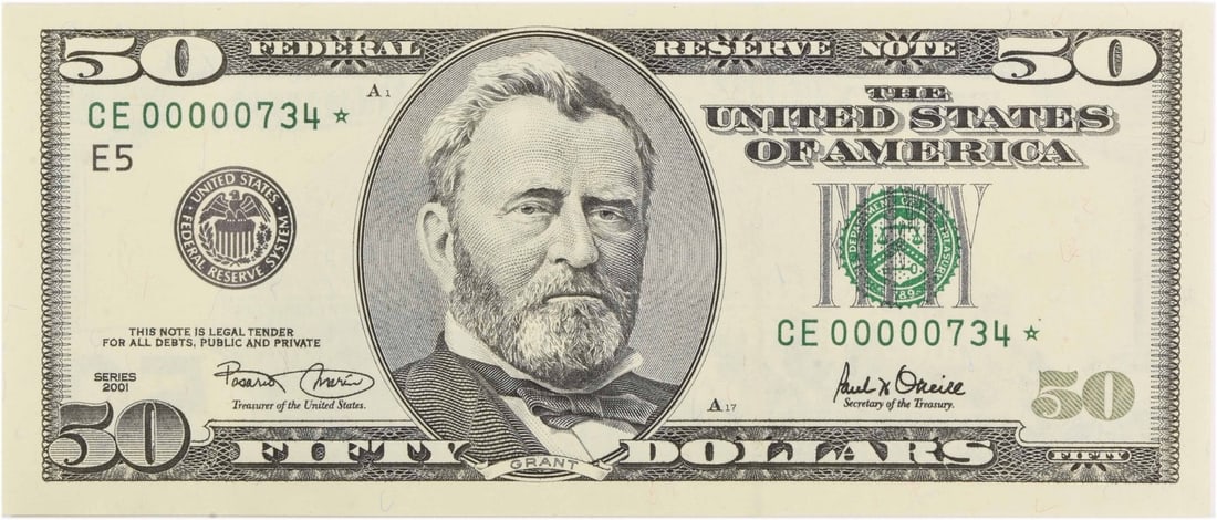 2001 $50 FR 2127-E Star Note Choice Uncirculated OGP: 2001 $50 FR 2127-E Star Note Choice Uncirculated OGP 2001 $50 Federal Reserve Bank star note, FR2127-E*, offered in uncirculated pre-owned condition. This note is uncertified and identified as note #7