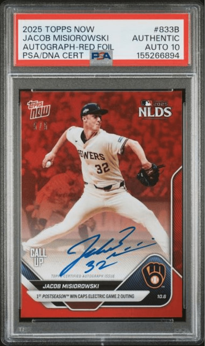 PSA 10 Jacob Misiorowski 2025 Topps Now 833B Red Auto /5 RC: PSA 10 Jacob Misiorowski 2025 Topps Now 833B Red Auto /5 RC Graded 2025 Topps Now Jacob Misiorowski #833B rookie sports trading card featuring an authenticated autograph. The card is encapsulated by P