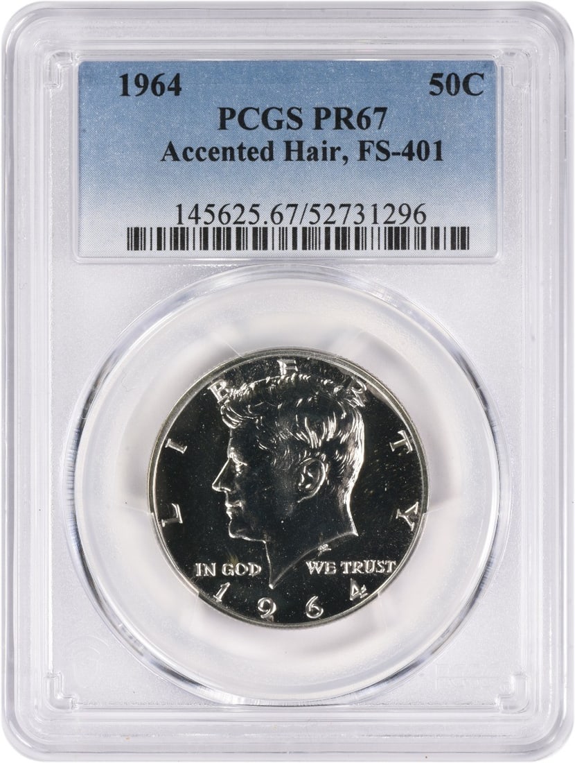 PCGS PR67 1964 Kennedy Half Dollar Accented Hair FS-401 Proof: PCGS PR67 1964 Kennedy Half Dollar Accented Hair FS-401 Proof 1964 Kennedy Half Dollar in the Accented Hair FS-401 variety, graded PR67 by PCGS. This proof issue is struck in 90% silver and 10% copper