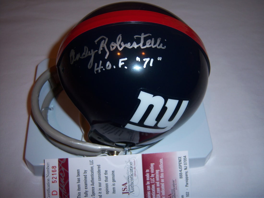 Andy Robustelli Autographed Giants Mini Helmet with JSA COA: Andy Robustelli Autographed Giants Mini Helmet with JSA COA This is an original, pre-owned New York Giants mini helmet signed by Andy Robustelli. It features an authentic original autograph and is a c