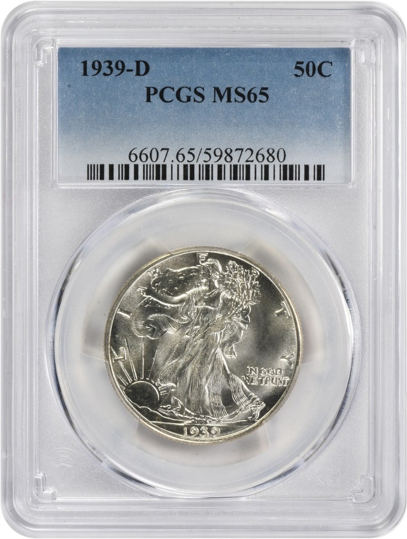1939-D Walking Liberty Half Dollar MS65 PCGS Uncirculated 90% Silver: 1939-D Walking Liberty Half Dollar MS65 PCGS Uncirculated 90% Silver This 1939-D Walking Liberty Silver Half Dollar is a remarkable collectible, certified by PCGS with a grade of MS65, indicating its 
