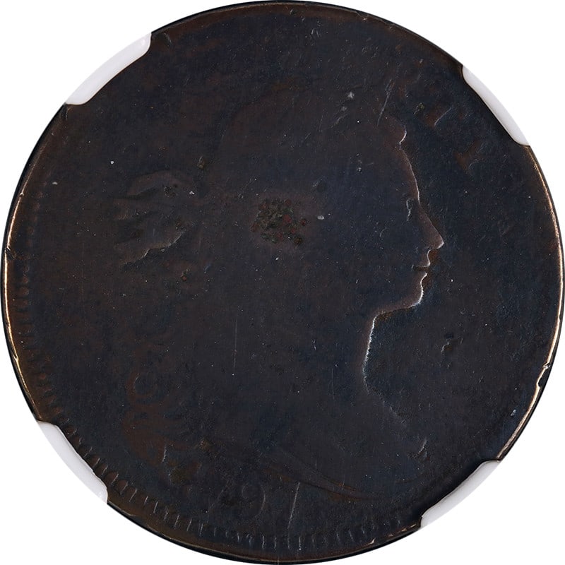 1797 Copper Large Cent Reverse of 97 NGC VG Details S-122 R.6-: 1797 Copper Large Cent Reverse of 97 NGC VG Details S-122 R.6- 1797 Large Cent, Reverse of 97 variety, certified by NGC as VG Details. This circulated copper United States coin is identified as Sheldo