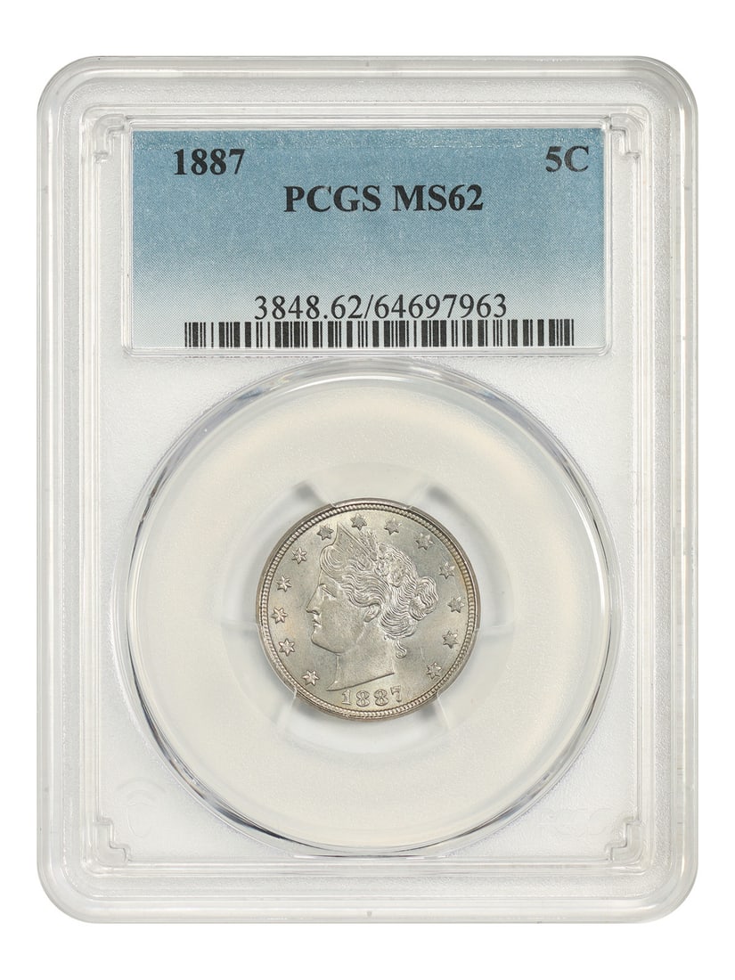 PCGS MS62 1887 Liberty Head 5C Nickel: PCGS MS62 1887 Liberty Head 5C Nickel 1887 Liberty Nickel certified by PCGS in MS62 grade. This pre-owned coin is an uncirculated 5C issue from Philadelphia. Specifications Denomination: 5C Year: 1887