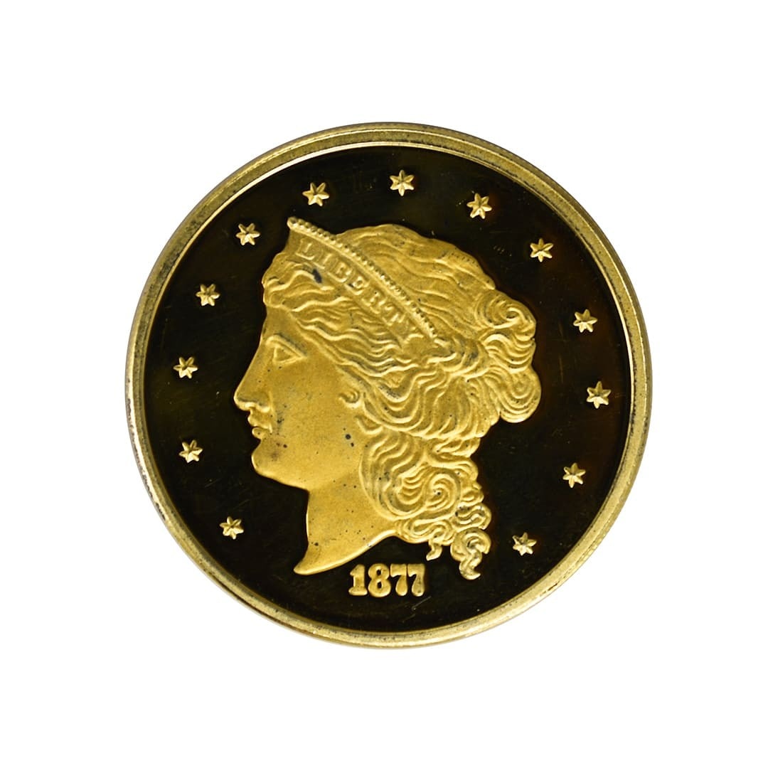 Gold Tone .999 Silver 1877 Half Union $50 COPY Replica: Gold Tone .999 Silver 1877 Half Union $50 COPY Replica Modern replica of the 1877 $50 Half Union pattern coin, made in .999 fine silver with a gold tone finish. This reproduction is stamped COPY in ac