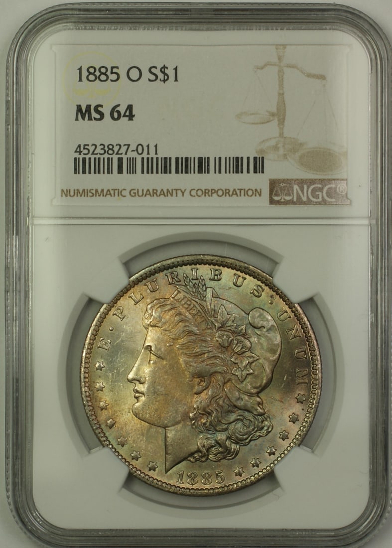 NGC MS-64 1885-O Morgan Dollar $1 Silver Coin Toned Obverse: NGC MS-64 1885-O Morgan Dollar $1 Silver Coin Toned Obverse This 1885-O Morgan Silver Dollar features a beautifully toned obverse and is certified by NGC with a grade of MS-64. Struck in New Orleans, 