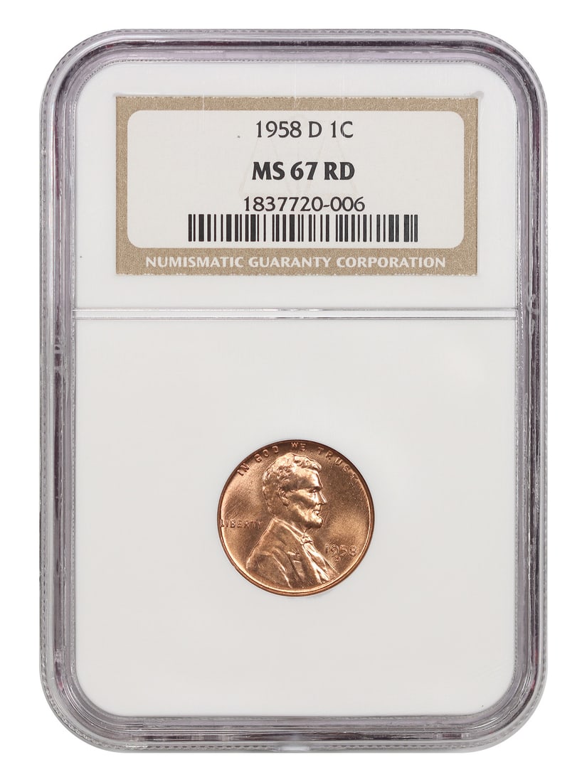 NGC MS67RD 1958-D Lincoln Wheat Reverse Cent 1C: NGC MS67RD 1958-D Lincoln Wheat Reverse Cent 1C Certified 1958-D Lincoln Cent with Wheat Reverse, graded NGC MS67RD. This uncirculated coin is a pre-owned example with red color designation. Specifica