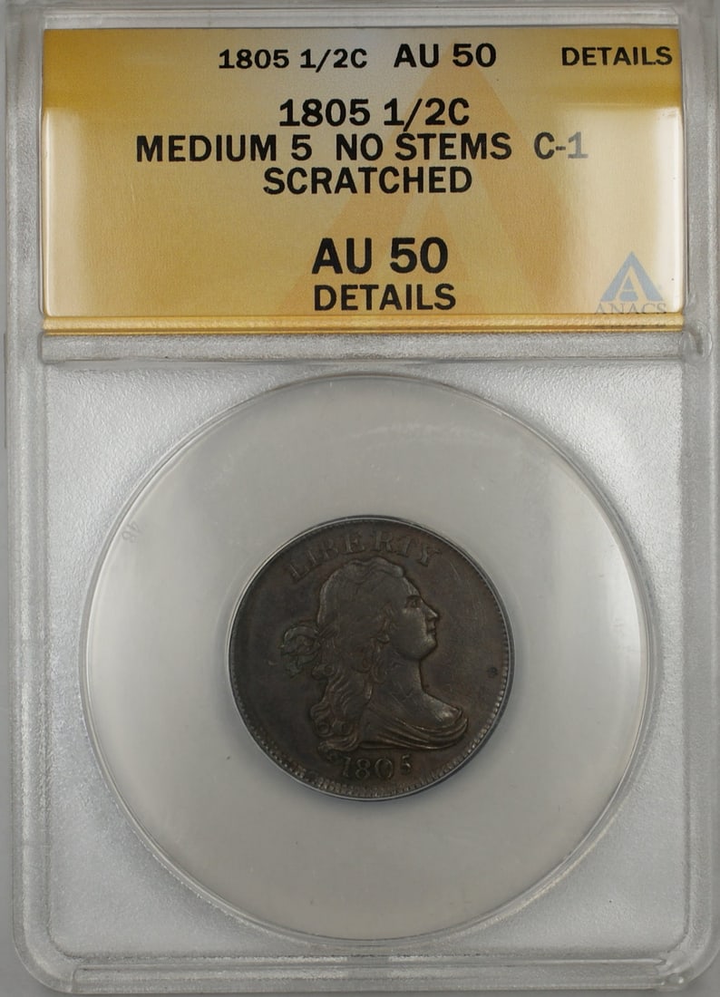 1805 Draped Bust Half Cent C-1 ANACS AU 50 Details Medium 5 No Stems: 1805 Draped Bust Half Cent C-1 ANACS AU 50 Details Medium 5 No Stems This 1805 Draped Bust half cent coin features the Medium 5 variety with no stems. Certified by ANACS with an AU-50 Details grade, i