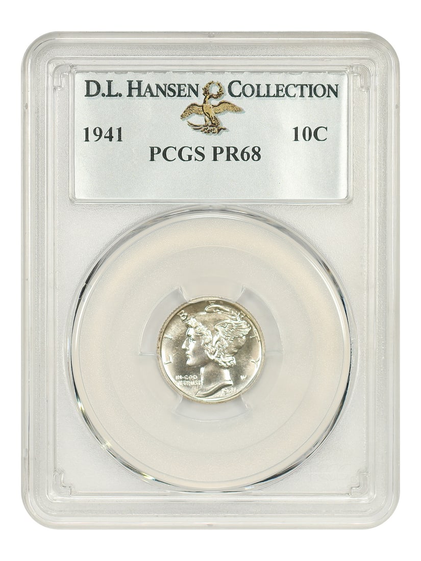 1941 Mercury Dime 10C PCGS PR68 ex D.L. Hansen Proof Coin: 1941 Mercury Dime 10C PCGS PR68 ex D.L. Hansen Proof Coin 1941 Mercury Dime certified by PCGS as PR68 and pedigreed ex: D.L. Hansen. This uncirculated proof issue has a mintage of 16,557 coins in proo