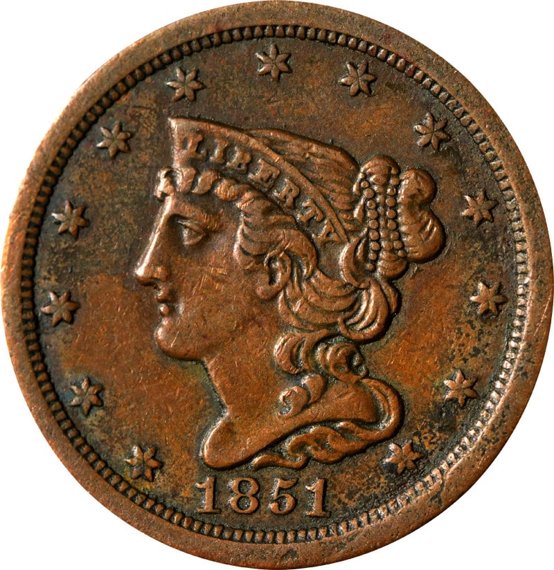 1851 United States Braided Hair Half Cent Copper Coin (1 of 2)