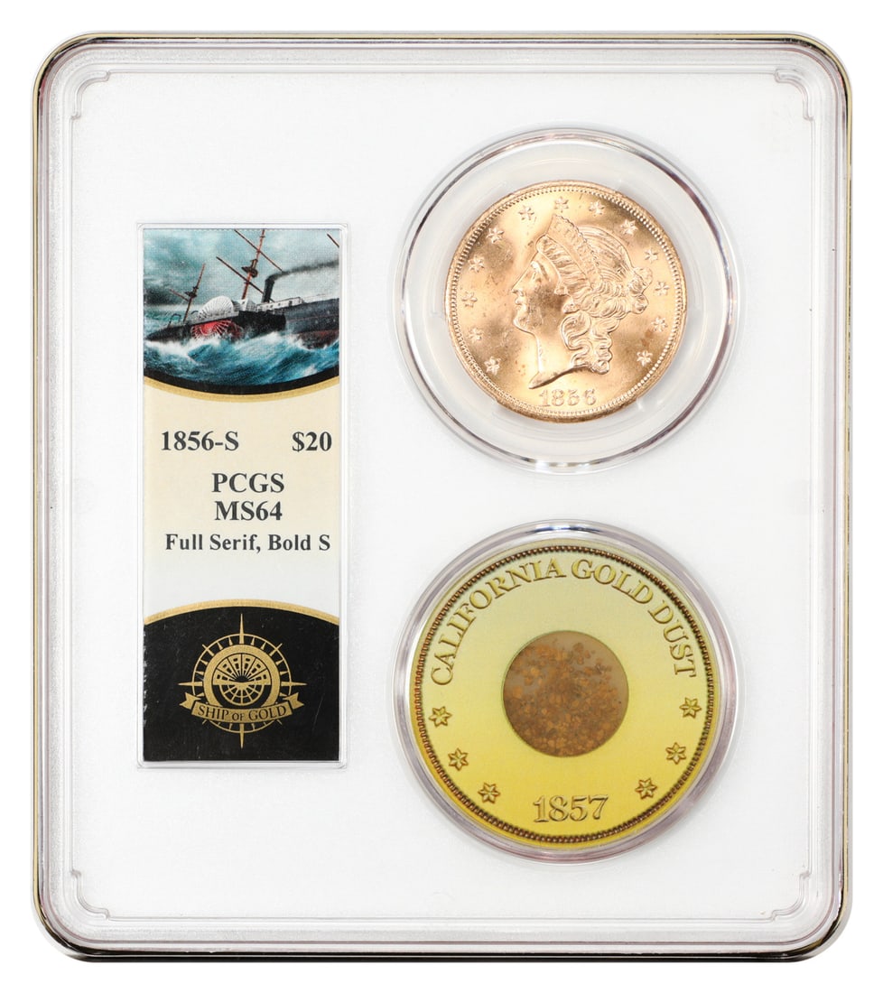 1856-S Liberty Head $20 Double Eagle PCGS MS64 SS Central America: 1856-S Liberty Head $20 Double Eagle PCGS MS64 SS Central America 1856-S Liberty Head $20 gold coin from the S.S. Central America shipwreck, certified by PCGS as MS64. This uncirculated example is pre