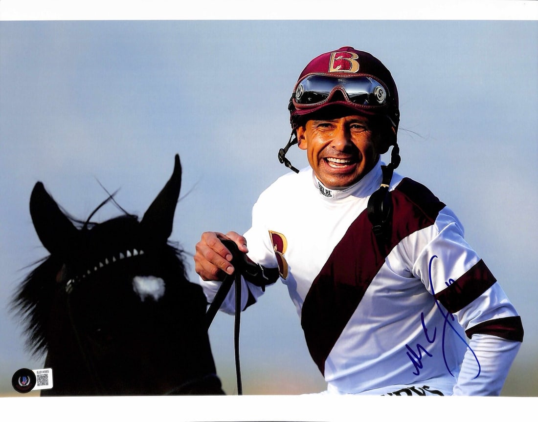 Signed 11x14 Photo of Jockey Mike Smith Beckett Certified: Signed 11x14 Photo of Jockey Mike Smith Beckett Certified Original 11x14 photograph signed by Mike Smith in blue permanent marker. This pre-owned piece includes Beckett autograph authentication. Speci