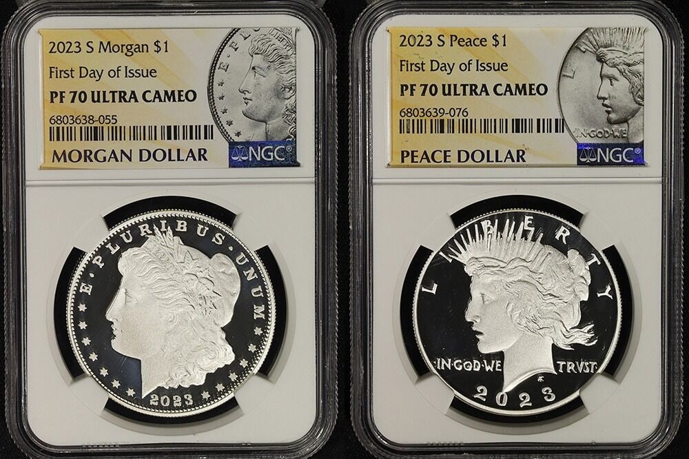 NGC PF70 Ultra Cameo First Day Issue 2023-S Morgan Peace Dollar 2 Coin Set: NGC PF70 Ultra Cameo First Day Issue 2023-S Morgan Peace Dollar 2 Coin Set Original 2023-S Morgan and Peace Dollar 2-coin proof set graded NGC PF70 Ultra Cameo. This uncirculated silver set is identif